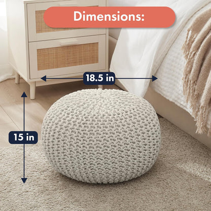 Ornavo Home Pouf Ottoman Foot Rest - 100% Cotton Pouffe - Hand Knitted Cable Braid Cord - Boho Round Stuffed Ottoman for Living Room, Bedroom - Natural