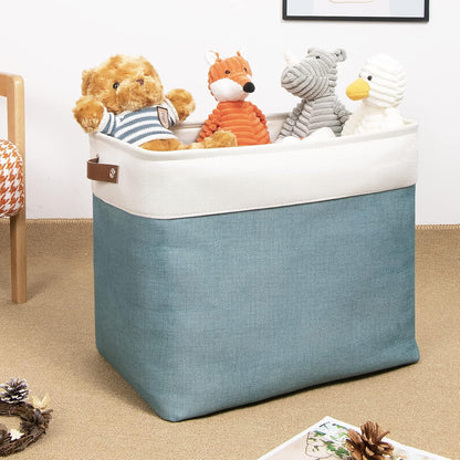 DULLEMELO Large Collapsible Storage Basket/Bin with Sturdy Leather Handles, Fabric Organizer Bin for Storage Clothes, Toys, Books, Office, Bedroom, Closet, Nursery & Laundry (White&Teal)
