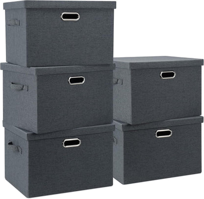 Large 17" 36 Quart Collapsible Stackable Storage Bins with Lids, 5 Packs Dark Gray Foldable Fabric Closet Storage Boxes with Lids Heavy-duty Linen Cube Baskets(17 x 12 x 11)