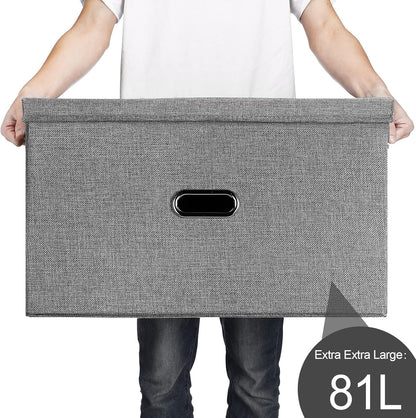 Large Linen Fabric Foldable Storage Bins with Removable Lid and Handles, Washable Storage Box Organizer Containers Baskets Cube with Cover for Bedroom,Closet,Office (Khaki, XXL(2-Pack))