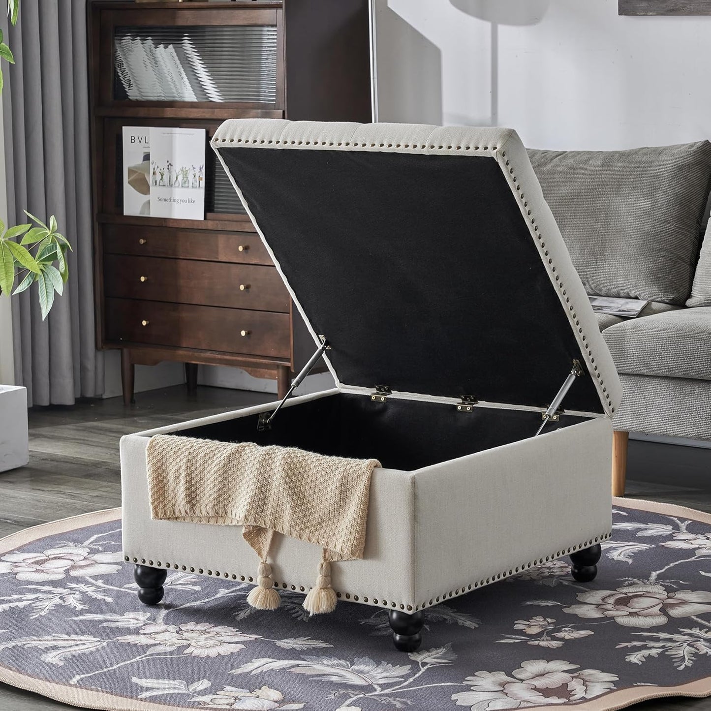 Ottoman with Storage, Large Storage Ottoman, 30 in Square Ottoman Coffee Table,Tufted Upholstered Coffee Tables for Living Room, Beige