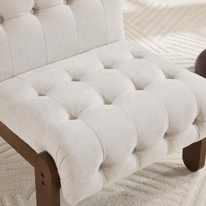 Modern Armless Accent Chair Set of 2 for Living Room, Beige Linen Button Tufted Upholstered Lounge Reading Chair with Walnut Wood Frame