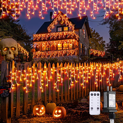 JMEXSUSS Orange Halloween Lights Outdoor, 38.8 FT 400 LED Orange Icicle Lights Outdoor Waterproof, 8 Modes String Light Plug in for Fireplace Tree Garden Patio Thanksgiving Fall Halloween Decor