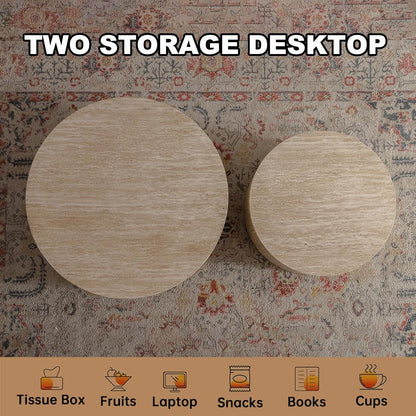 Round Nesting Coffee Table Set of 2, Modern Coffee and End Table Set Small Circle Wooden Drum Side Table Accent End Tables for Living Room Office, No Assembly,Travertine Large