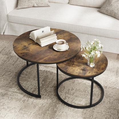 Smuxee Rustic Nesting Coffee Table Set of 2, 27.6" Round Coffee Table Wooden Marble Pattern with Adjustable Non-Slip Feet, Industrial End Table for Living Room Bedroom Balcony