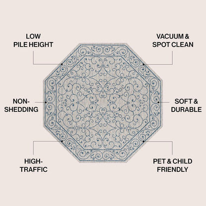JONATHAN Y Vintage Filigree Indoor Outdoor Octagon Area Rug 5 Ft Gray/Navy, Charleston Textured Weave for Backyard, Patio, Porch, Easy-Cleaning, High Traffic, Pet-Friendly, Non-Shedding SMB106C-5TGN
