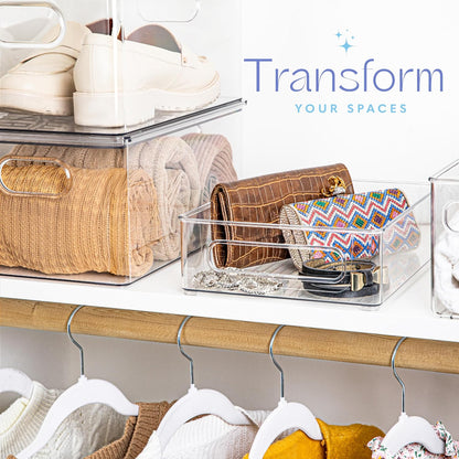 Plastic Food Storage 8 Pack Clear Container Bin with Handles for Organizing Kitchen, Pantry, Refrigerator, Freezer, Pantry, Cabinet, Closet, Bathroom. Stackable 10”x8”x3”