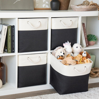 OrganiHaus 13x13 Cube Storage Bins 4 Pack, Foldable Cube Storage Organizer w/ Rope Handles, Collapsible Fabric Bins for Toys, Clothes & Closet Organization, Fabric Square Baskets - Black/White