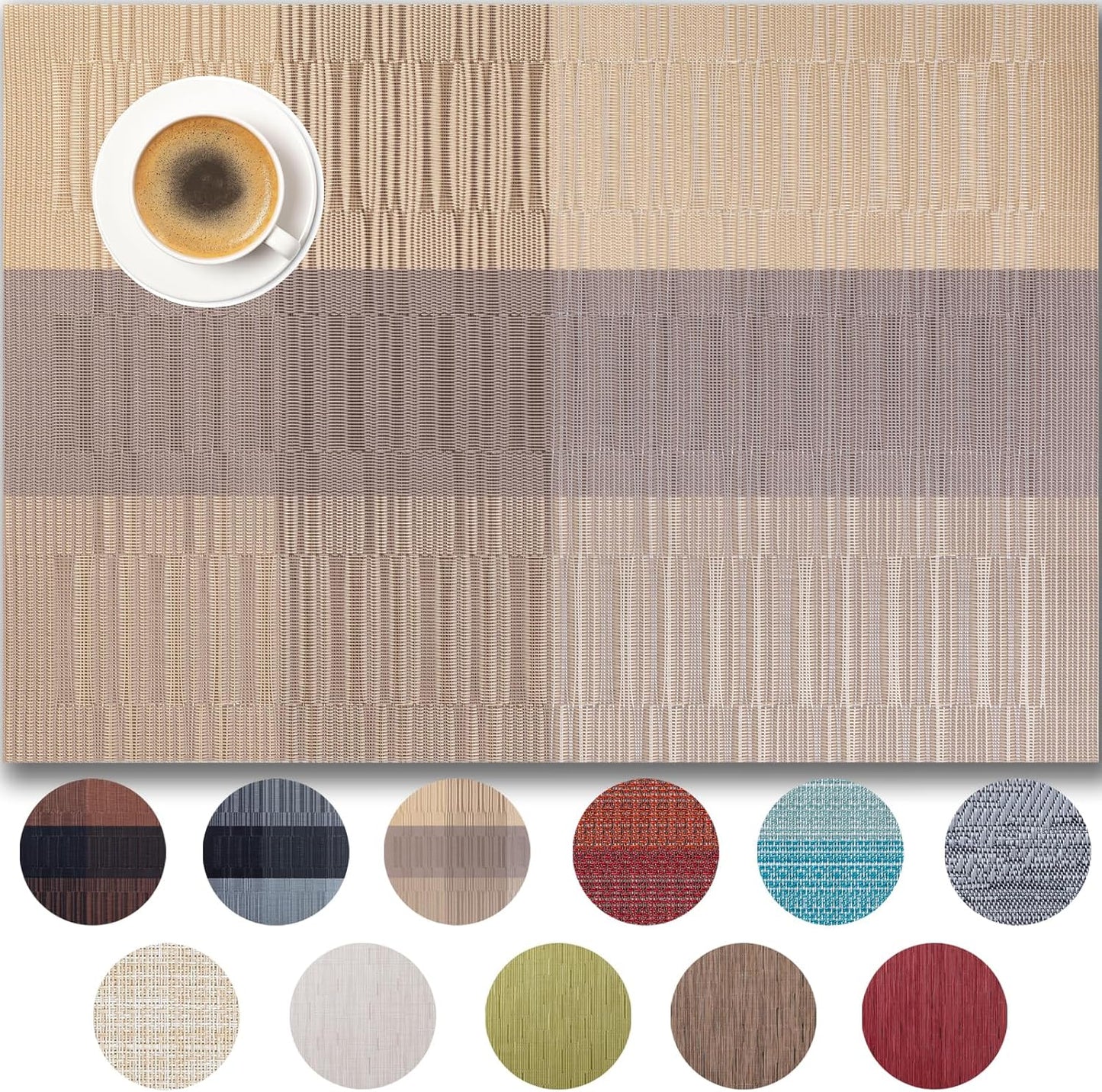 Placemats Set of 8 - Easy Clean Woven Vinyl Placemats for Dining Table, Indoor/Outdoor Place Mats, Washable PVC Table Mats （Gold Dune）