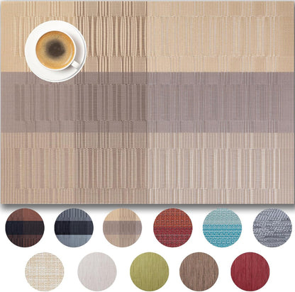 Placemats Set of 12 - Easy Clean Woven Vinyl Placemats for Dining Table, Indoor/Outdoor Place Mats, Washable PVC Table Mats （Gold Dune）