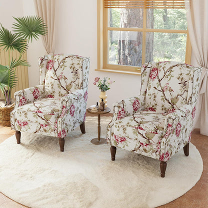 Lumibee Wingback Accent Chair, 2 Set High Back Floral Armchairs in Fabric,Comfy Upholstered Reading Single Sofa Chairs with Solid Wood Legs for Living Room,Bedroom,Office-Floral Beige