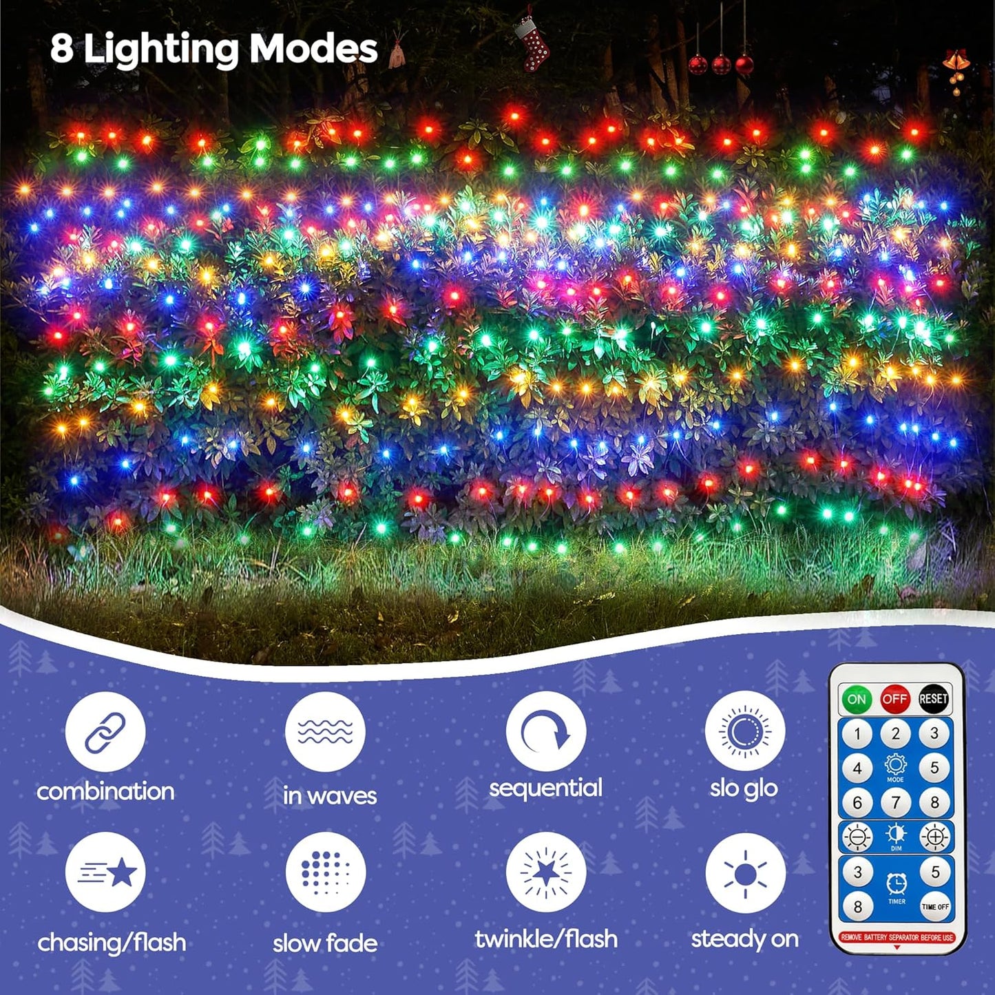 WBao Solar Christmas Lights Outdoor 200LED F8 Big Bulbs, 8.4ft x 5.2ft Christmas Net Lights with Remote Control, 8 Modes, Timer, Waterproof for Lawn, Bushes Outdoor Christmas Decorations, Multicolor