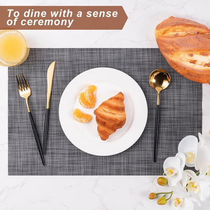 Placemats Set of 6 Washable Indoor/Outdoor Vinyl Place Mats for Dining Table Durable Non-Slip Heat Resistant PVC Weave Table Mats(Black)