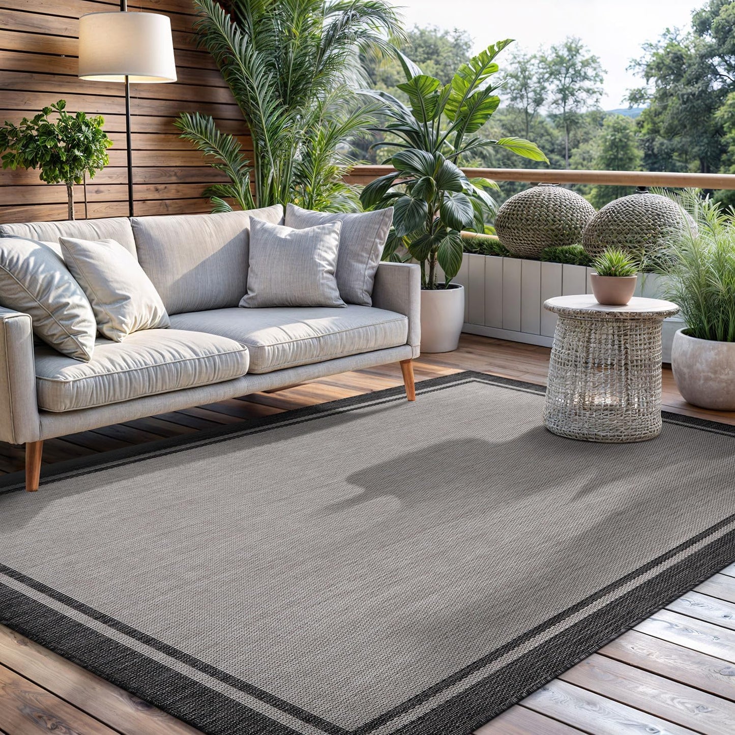 CAMILSON Indoor Outdoor Rug, 10x14 Bordered Gray Modern Area Rugs for Large Indoor and Outdoor Patios, Kitchen and Hallway Mats, Washable Porch Deck Outside Carpet (Bordered Grey, 10 x 14)