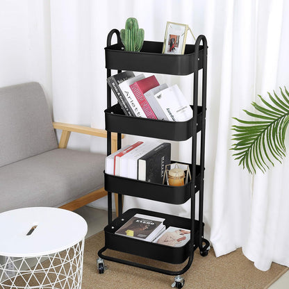 4-Tier Metal Mesh Utility Rolling Cart Storage Organizer Shelf Rack with Lockable Wheels for Living Room Kitchen Office, Black