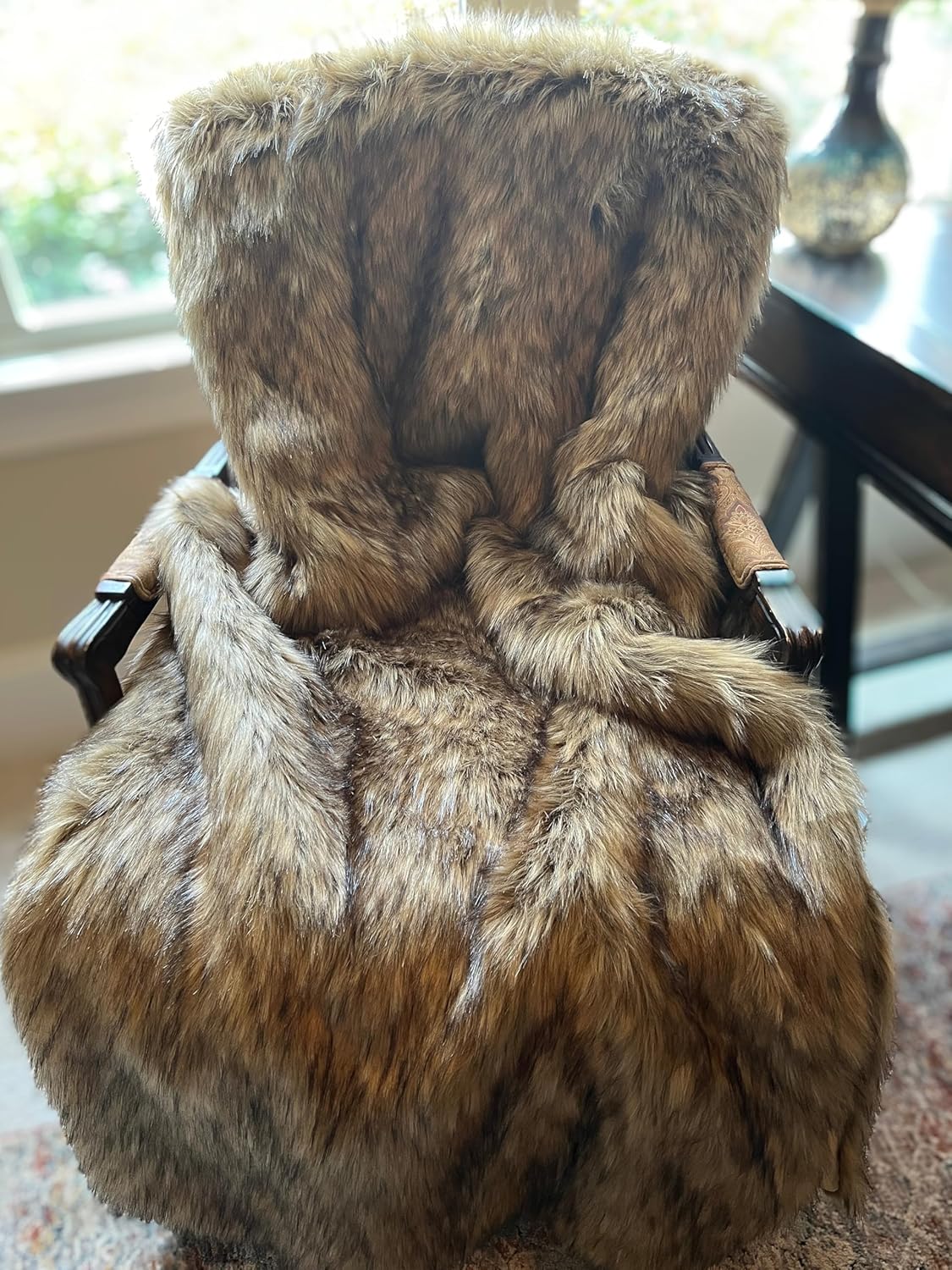 Brown Faux Fur Throw Blanket and Bedspread Caramel and Coffee Colors, Realistic Faux Brown Wolf - Light & Dark Brown Faux Fur - Luxury Throw Blanket, Made in USA, 16406