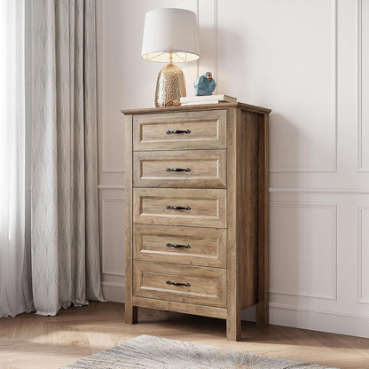 LINSY HOME 5 Drawers Dresser for Bedroom, Wood Tall Chest of Drawer with Metal Handle, Modern Farmhouse Dressers with Storage Organizer for Closet, Living Room, Hallway, Rustic Brown