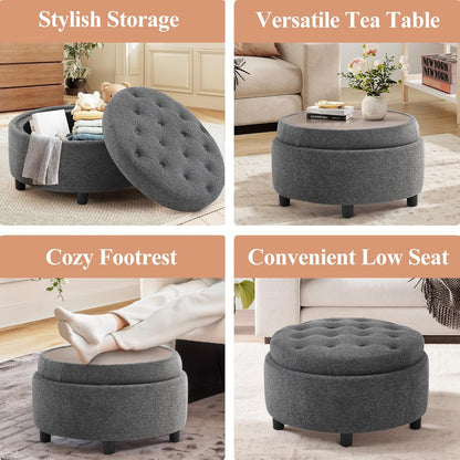 COLAMY Fabric Round Storage Ottoman with Reversible Tray Lid – Multi-Functional Footrest, Hidden Storage, Sturdy & Stylish Small Coffee Table for Living Room, Bedroom, or Entryway(Dark Grey)