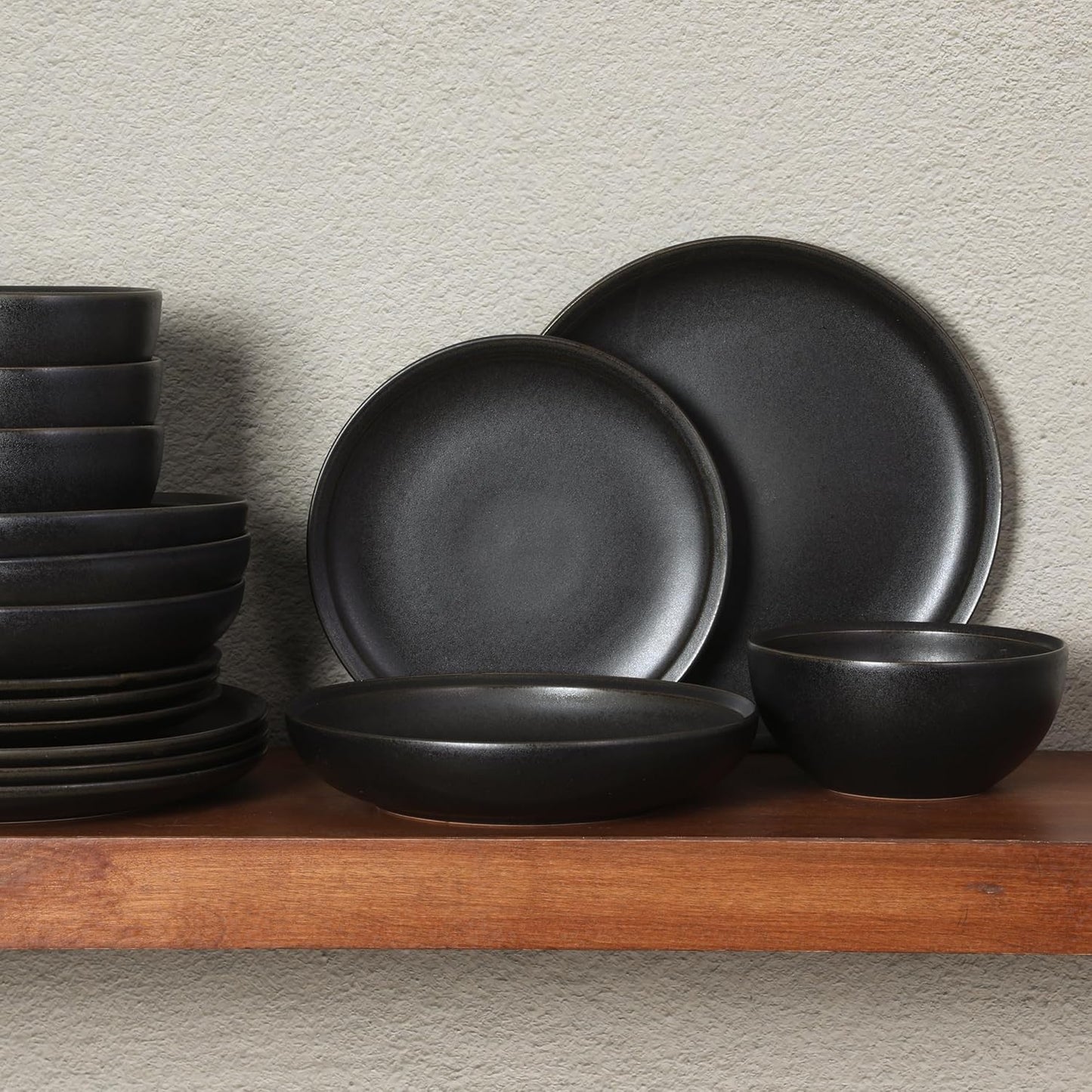 Gibson Elite Beckett Stoneware Matte Reactive Glaze 16 Piece (Service for 4) Plates and Bowls Dinnerware Set - Black