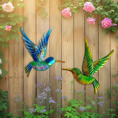 HONGLAND Metal Hummingbird Wall Art 12inch Metal Birds Wall Sculpture Garden Decoration Outdoor Statue Patio Fence Hanging Plaques 2 Pack（Blue-Green）