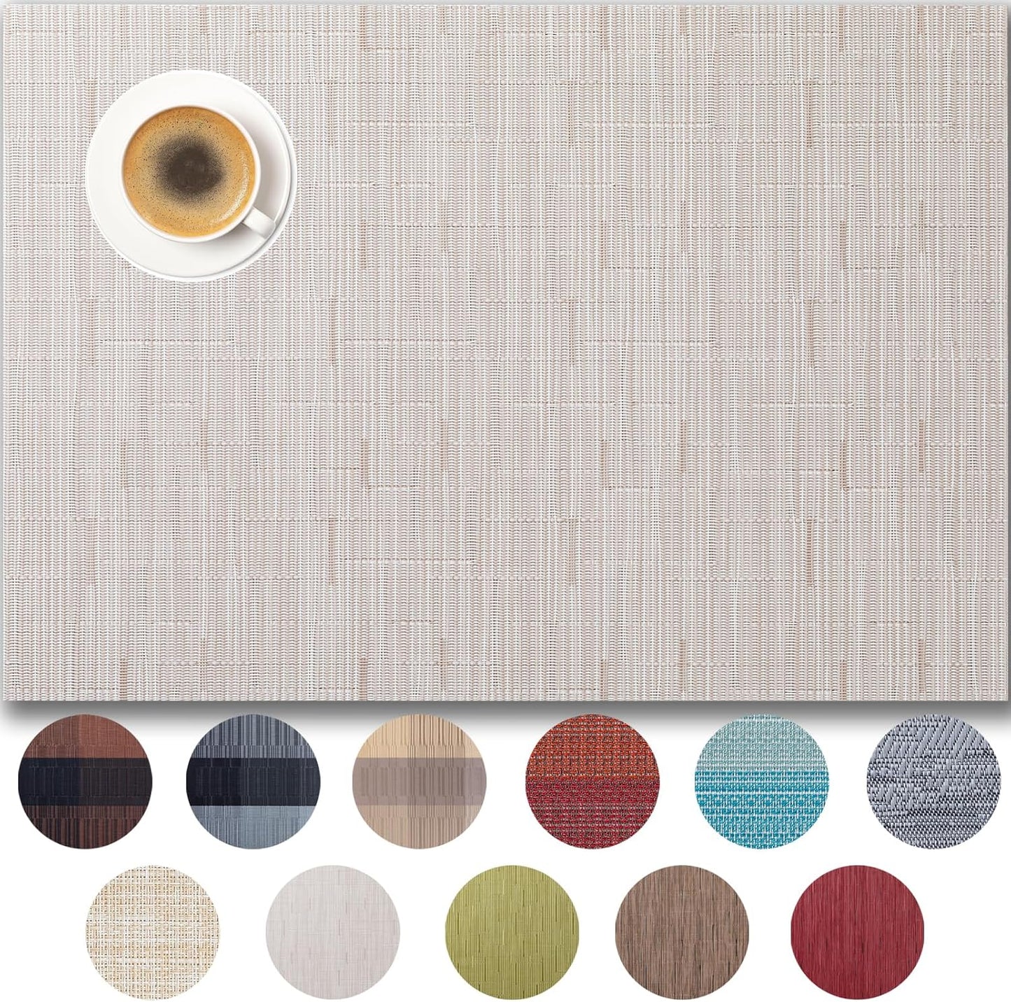 Placemats Set of 8 - Easy Clean Woven Vinyl Placemats for Dining Table, Indoor/Outdoor Place Mats, Washable PVC Table Mats （Pale Beige）