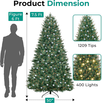 Selena 7.5ft Prelit Artificial Christmas Tree with 1209 Branch Tips, 400 Warm Lights and Metal Stand, 50" Wide Realistic Withered Christmas Tree with Lights by Naomi Home