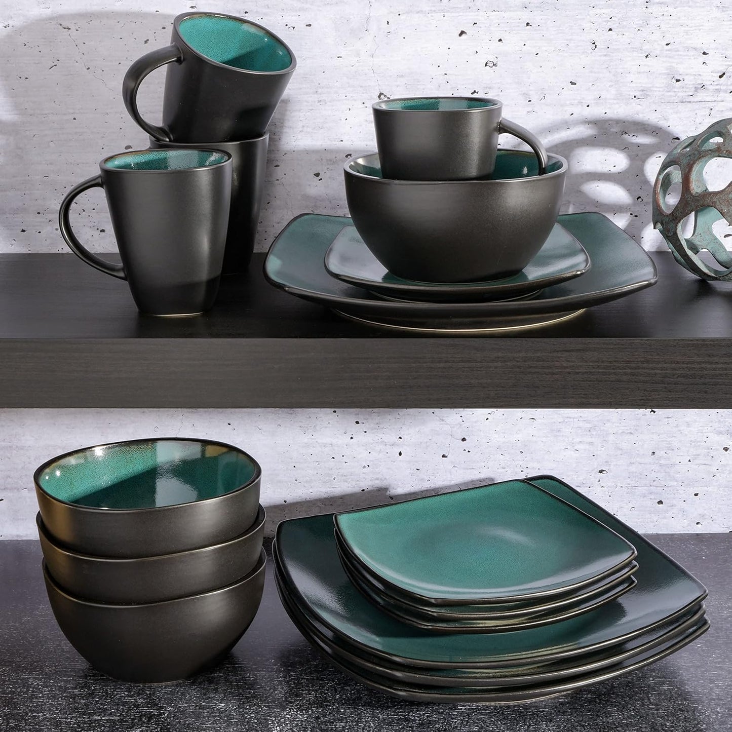 Gibson 99813.16R Elite Soho Lounge 16 Piece Reactive Glaze Dinnerware Set, Teal/Black Tutone