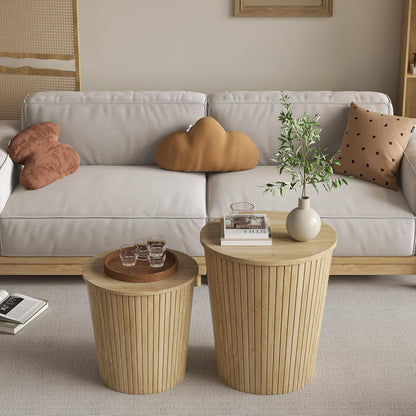 Nest Coffee Table Set of 2 with Round End Table, Farmhouse Design, Removable Wood Top and Wood Basket Base for Blanket Storage, Modern Design for Living Room