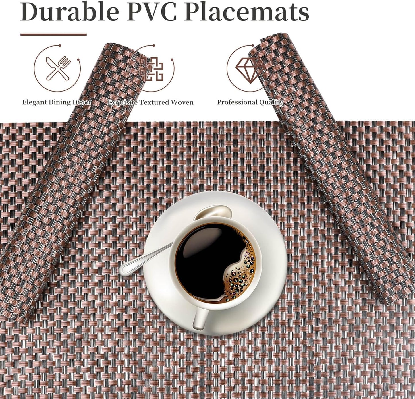 Vinyl Plastic Placemats Set of 6 Washable Heat Resistant Non-Slip Elegant Indoor Outdoor Kitchen Dining PVC Woven Table Place Mats (Black Red Weaving)