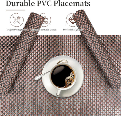 Vinyl Plastic Placemats Set of 6 Washable Heat Resistant Non-Slip Elegant Indoor Outdoor Kitchen Dining PVC Woven Table Place Mats (Black Red Weaving)