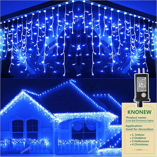 Christmas Lights Outdoor Decorations 1216 LED 99ft 8 Modes Curtain Fairy String Light with 228 Drops, Clear Wire LED String Light Indoor Decor for Wedding Party Holiday Christmas Decoration Blue