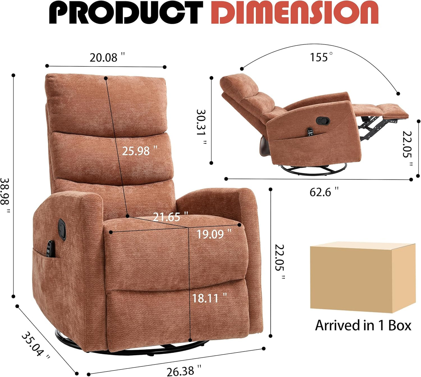 Manual Swivel Rocker Recliner Chair for Adults, Overstuffed Reclining Glider Chair for Nursing with Vibration Massage & Heat, Living Room Rocking Recliner 3-Stage backrest, Chenille Fabric Orange