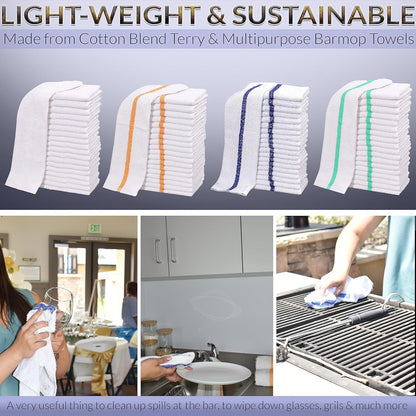 GOLD TEXTILES New Cotton Blend White Restaurant Bar Mops Kitchen Towels (60, Green Stripe)