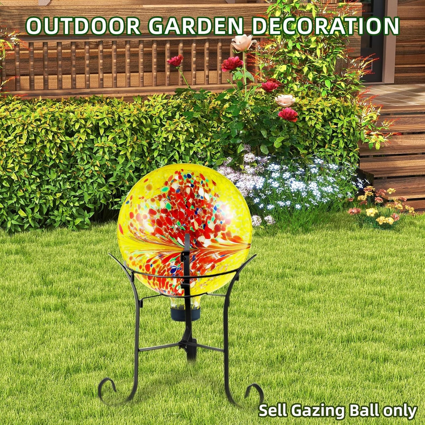 VOREEN 10-Inch Glass Gazing Ball, Outdoor Gazing Globe, Reflective Ball Yard Decoration for Homes, Patio, Lawn and Gardens, Gift for Mom Wife Friend, Phoenix Tail Design, Yellow