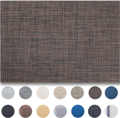 Placemats Set of 4 - Easy Clean Woven Vinyl Placemats for Dining Table, Indoor/Outdoor Place Mats, Washable PVC Table Mats（Black/Brown）