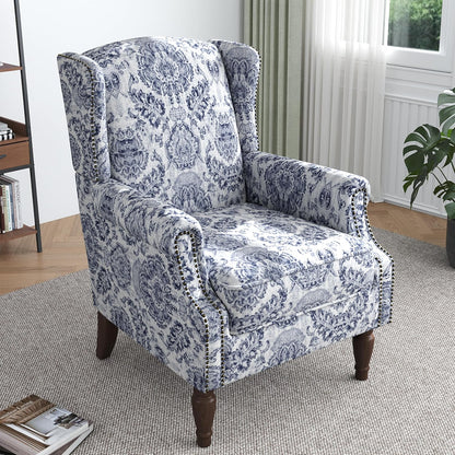 Lumibee Wingback Accent Chair,High Back Floral Armchairs in Fabric,Comfy Upholstered Reading Single Sofa Chair with Solid Wood Legs for Living Room,Bedroom,Office-Navy