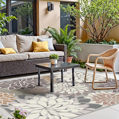Indoor Outdoor Area Rug Washable Multicolored Patio Rug Tropical Botanical Modern Floral Indoor Outdoor Carpet Brown White Rug Non Slip Non Shedding for Patio, Deck, Backyard, Porch (9x12)