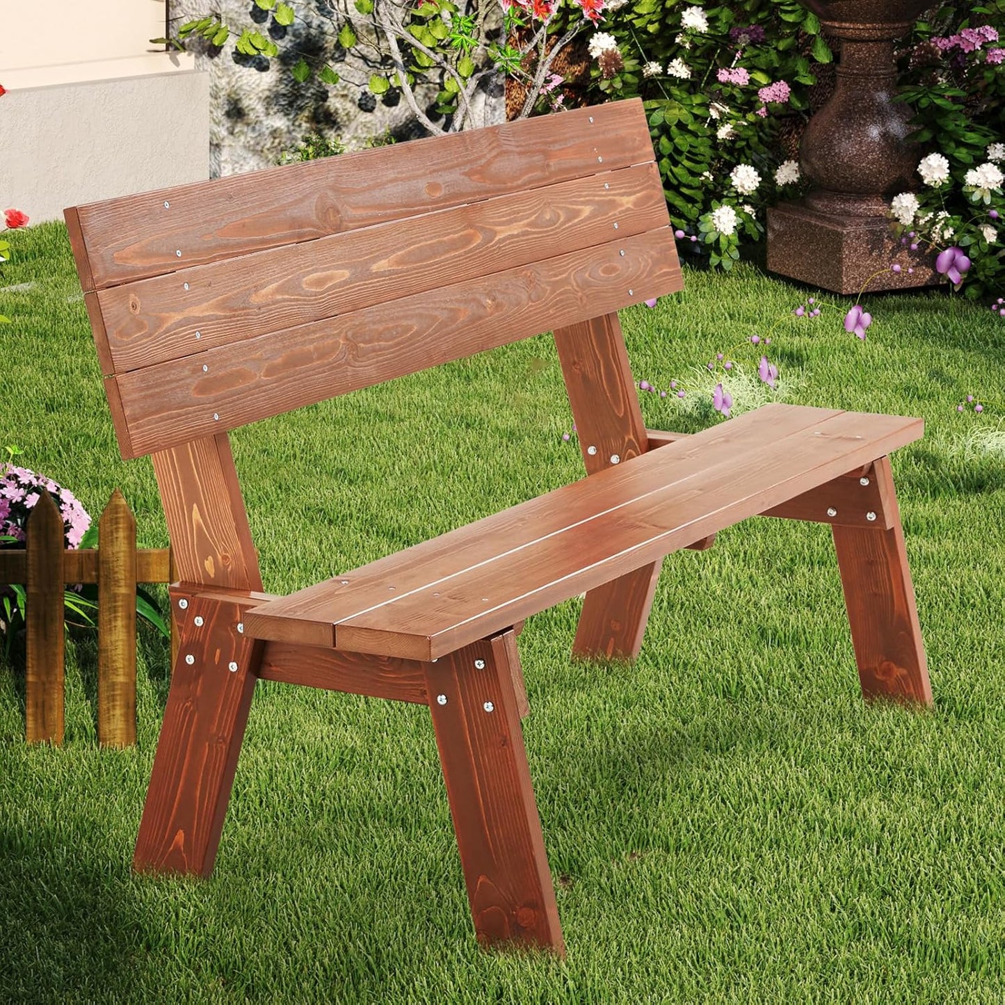 AVAWING Outdoor Convertible Wood Bench with Backrest, Patio Wood Convert a Bench, Space-Saving 2-in-1 Picnic Table Chairs Set for Backyard, Porch, Patio, Garden, Brown