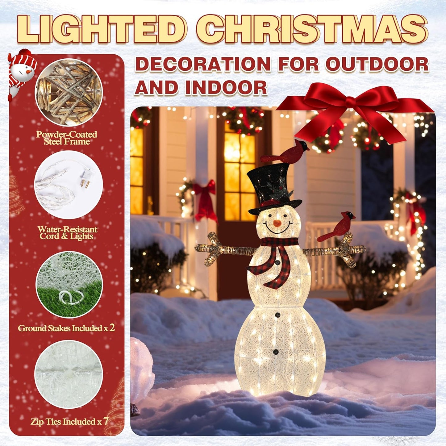 5FT Lighted Snowman with Birds for Christmas Decoration, 3D Pre-Lit Iridescent Snowman Xmas Decor with 90 LED Lights, Glittered Standing Holiday Display for Outdoor, Indoor