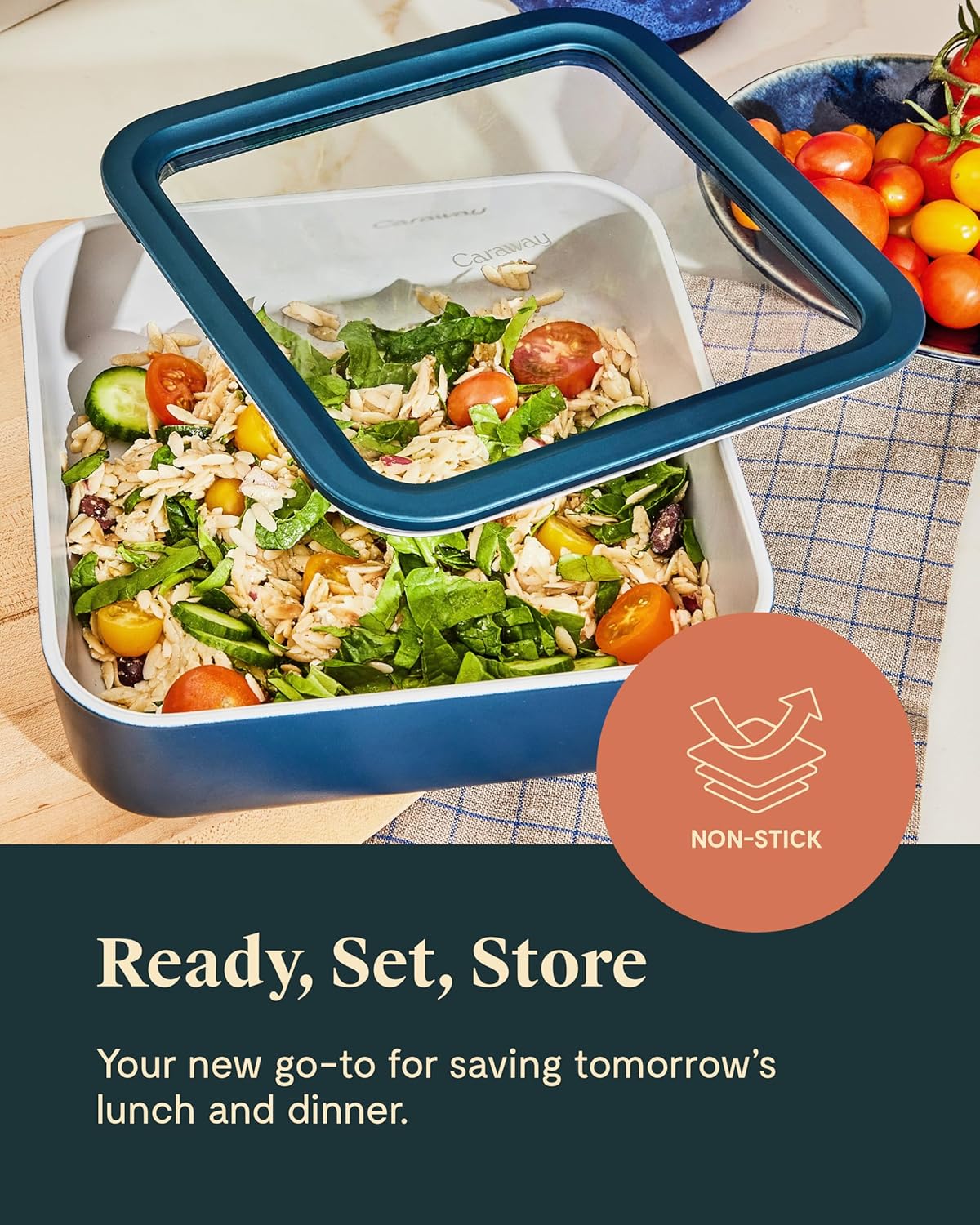 Caraway 2pc Glass Food Storage Set - 10 Cup Food Containers (2) - Ceramic Coated - Non Toxic, Non Stick Lunch Box with Lids. Dishwasher, Oven, & Microwave Safe - Sage