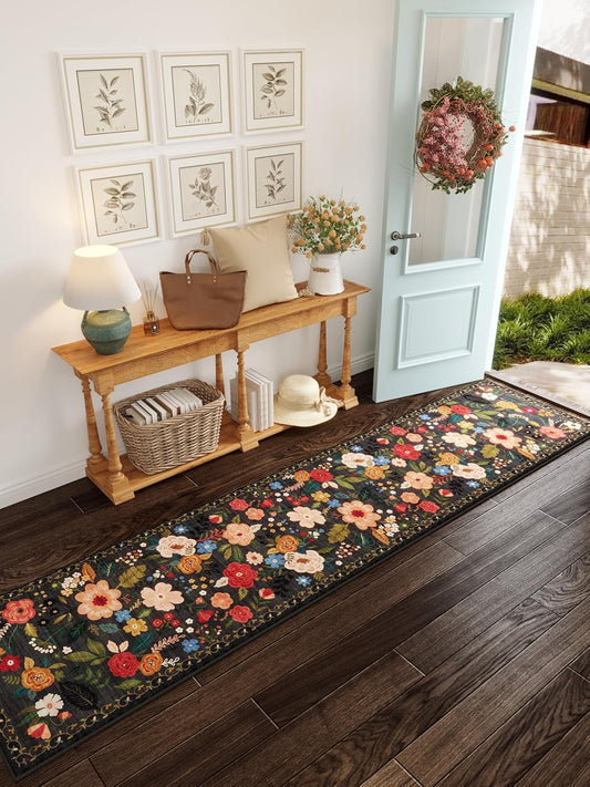 Runners for Hallways Kitchen Rug Non Slip 2'x 10' Long Washable Runner Rugs with Rubber Backing Soft Floral Carpet Runner for Hallways, Kitchen, Laundry, Bedroom, Bathroom(Black)