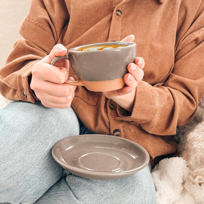 Mora Ceramic Latte Art Mug With Saucer - 10.5 oz, Round Bottom For Perfect Pours - Cafe Cups for Cappuccino, Espresso, Coffee, Tea etc - Porcelain Set for Baristas, Great Gift - Sesame Milk