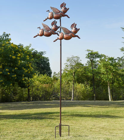 Flying Pig Statues,90" x 32" Antique Copper Outdoor Flying Pigs Garden Decor,Metal Pig Sculpture,Wind Spinner,Weather Vane,Yard Art for Patio,Lawn,Garden,Country Cottage,Farm