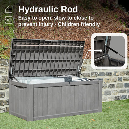 EAST OAK Outdoor Storage Box, 120 Gallon Deck Box with Stainless Steel Rods Large Resin Storage Bin for Patio Cushions, Garden Tools, Waterproof and UV Resistant, Lockable, Grey