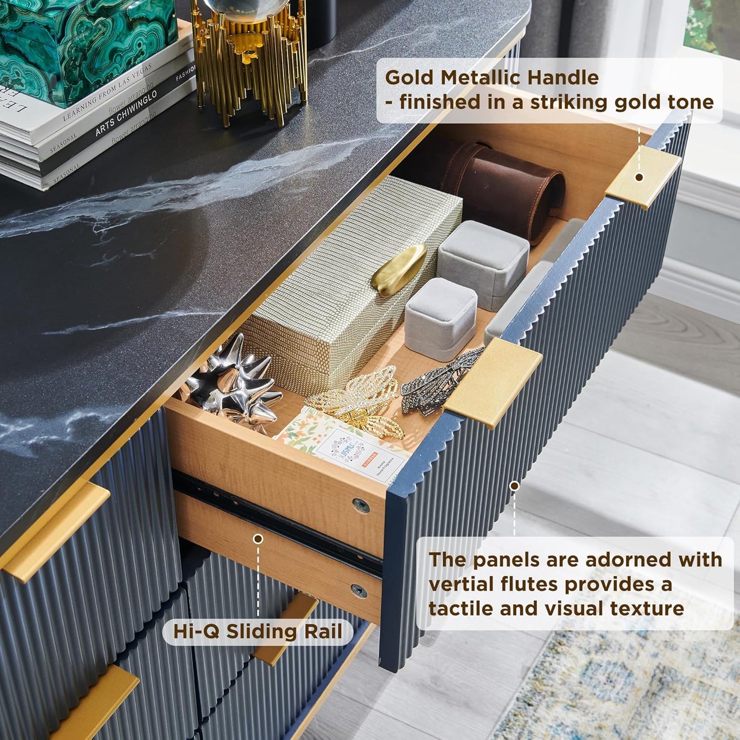 T4TREAM Fluted 6 Drawers Dresser for Bedroom, 54" Wide Modern Dresser TV Stand, Gold Accents, Fluted Fronts, Wood Storage Dressers Organizer for Bedroom, Living Room, (Dark Grey)