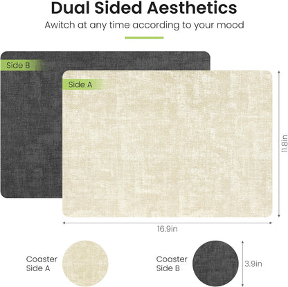 Faux Leather Dual Sided Placemats Set of 6, Square Non-Slip Heat Resistant Placemats with Coaster, Reversible Wipeable Waterproof Table Mats for Kitchen, Dining, Outdoor (6, Black Beige)