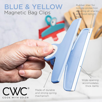 COOK WITH COLOR Bag Clips - Heavy Duty Chip Clip and Refrigerator Magnet Clips for Food Storage with Air Tight Seal Grip, Yellow and Blue, Pack of 4 Large Clips