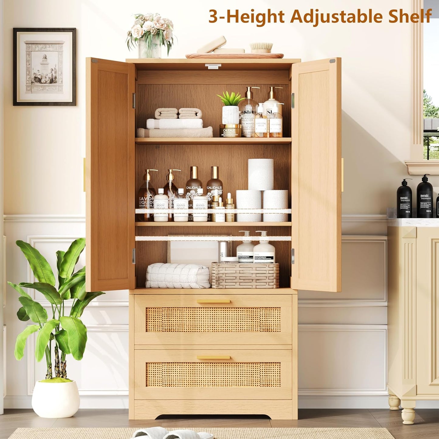 50.4" H Bathroom Storage Cabinet, Modern Floor Cabinet with Adjustable Shelf, Small Pantry with 2 Doors & Drawers, Storage Cabinet for Bathroom, Living Room, Kitchen, Natural KES007MCWG