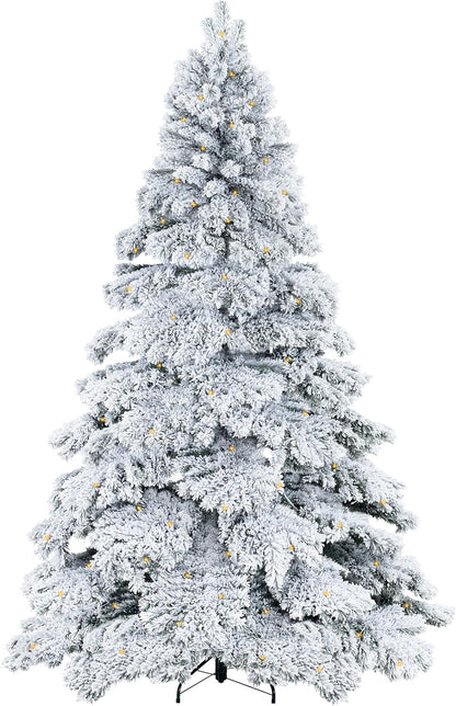 Naomi Home 6.5ft Snow Flocked Christmas Tree with Lights, Realistic Frosted Prelit with 892 Branch Tips, 450 Warm Lights and Metal Stand, Aritificial Tree