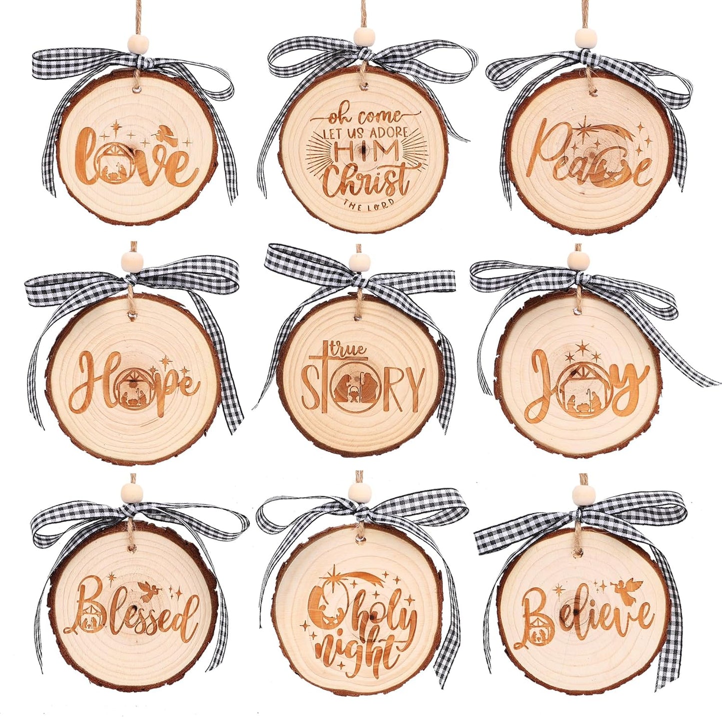 Nativity Christmas Ornaments - Set of 9 Buffalo Plaid Christmas Tree Ornaments Christian Wooden Ornament for Rustic Farmhouse Decorations Holiday Decor Religious Gift